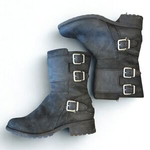 UGG Wilcox Leather Bikers Black Boots with Buckle & Sheepskin Lining Women's 6